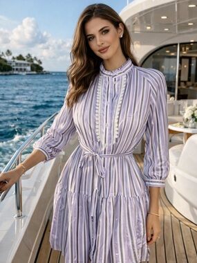 Maje Lavender and White Striped Tie-Waist Mini Dress